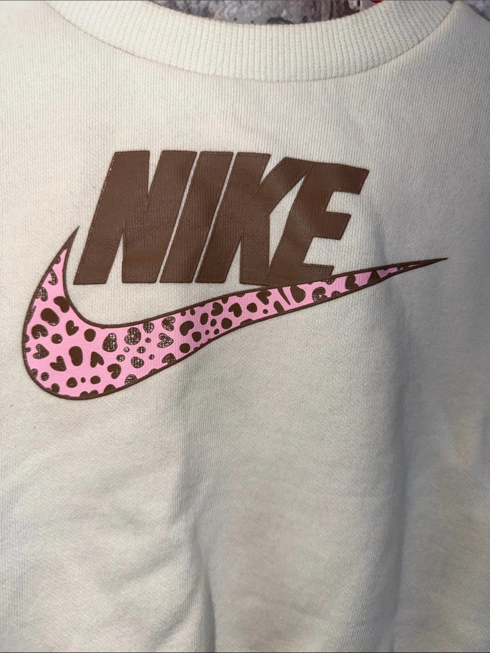 Girls Nike Cream Crewneck with Brown Logo and Pink Leopard Swoosh